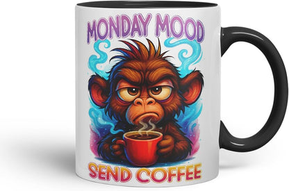 Vixar Monday Mood Send Coffee Funny Monkey Mug – Coloured Ceramic Mug Cup Gift, 11oz (Black)