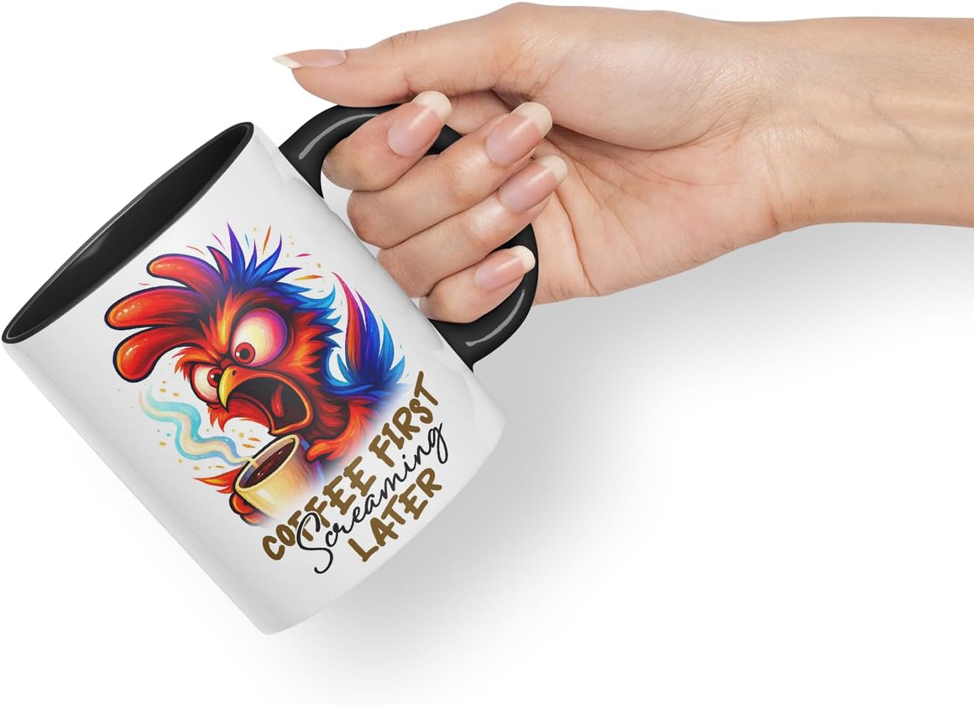 Vixar Coffee First Screaming Later Funny Chicken Mug – Coloured Ceramic Mug Cup Gift, 11oz (Black)