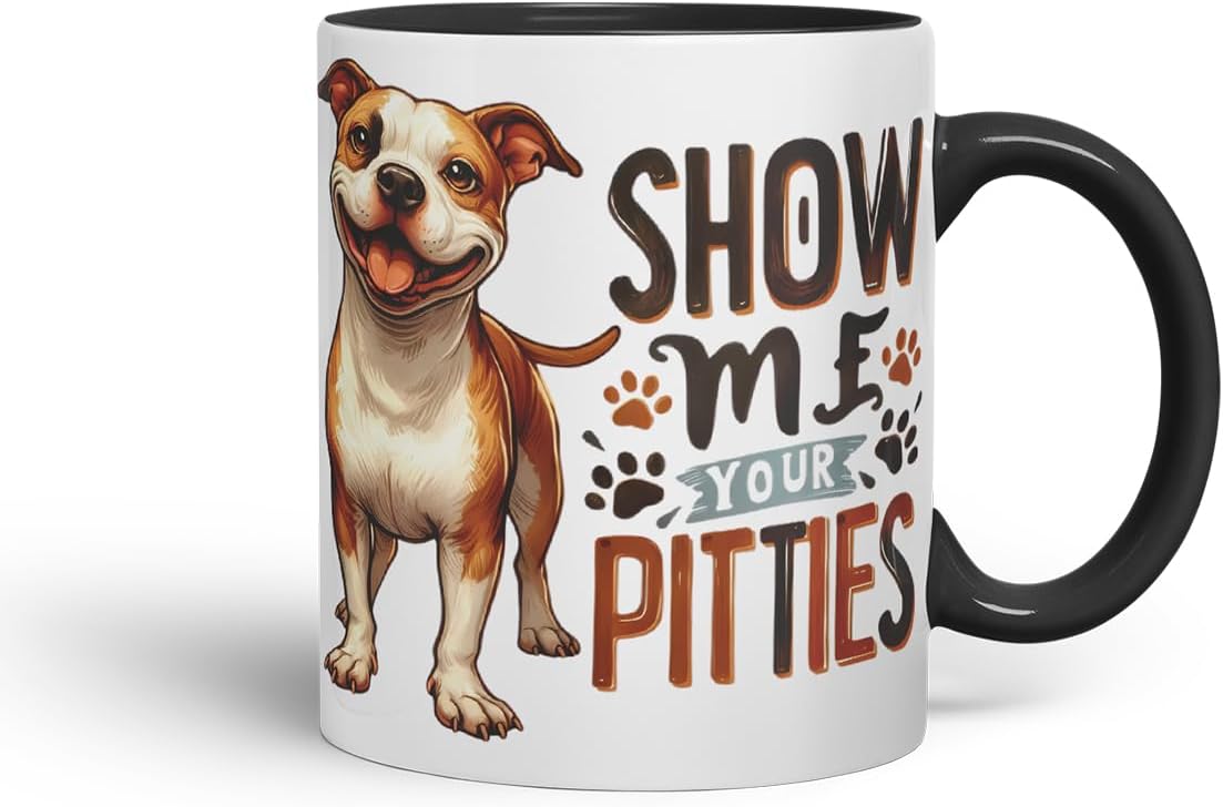 Vixar Show Me Your Pitties Pitbull Dog Mug – Coloured Ceramic Mug Cup Gift, 11oz (Black)