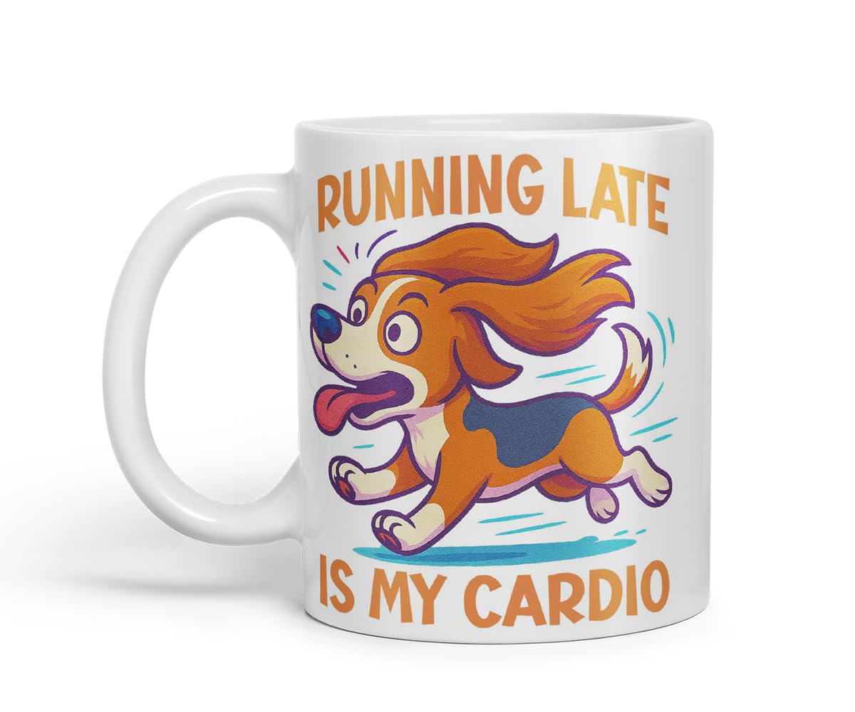 Vixar Running Late is My Cardio Beagle Dog Mug – Coloured Ceramic Mug Cup Gift, 11oz (Black)