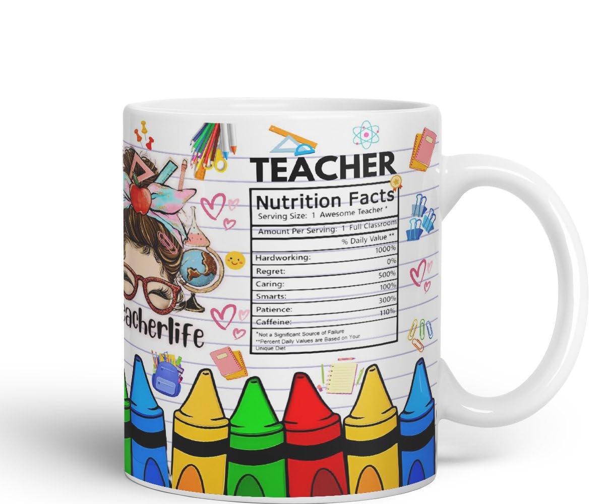 Vixar Teacher Nutrition Facts #teacherlife Mug Thank You, End of School Gift Ceramic Coloured Mug Cup for Tea Coffee Hot Brew 330ml 11Oz Gift TF1