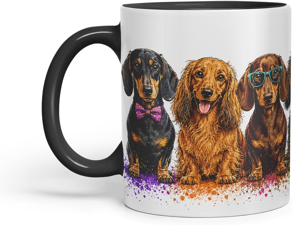 Vixar Dachshund Dog Mug – Cute Sausage Dog Coloured Ceramic Mug Cup Gift, 11oz (Black)