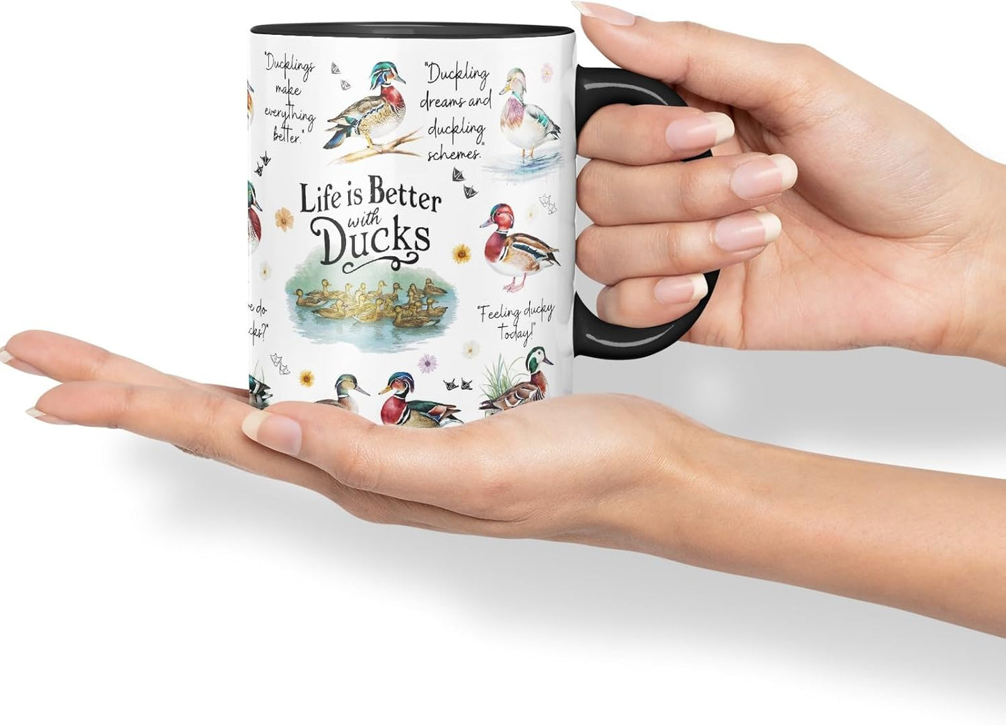 Vixar Life is Better with Ducks – Funny Animal Coloured Mug Cup 11oz (Black)