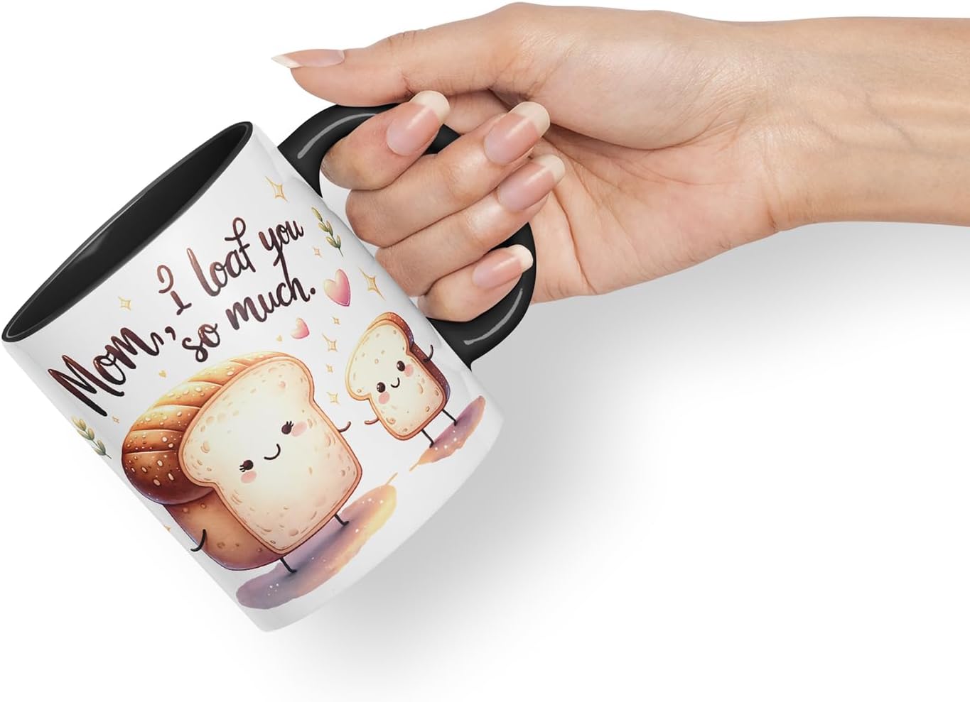 Vixar Mom I Loaf You So Much Funny Bread Mother Mum Mug – Coloured Ceramic Mug Cup Gift, 11oz (Black)