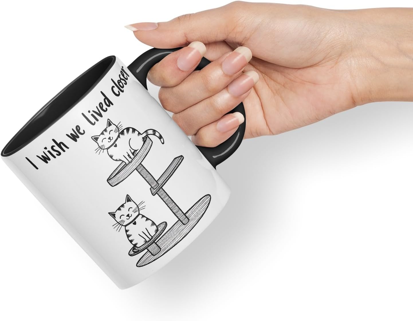 Vixar I Wish We Lived Closer Coloured Ceramic Cup Mug – Minimalist Cat Lovers Gift for Friends or Partner – 11oz (Black)