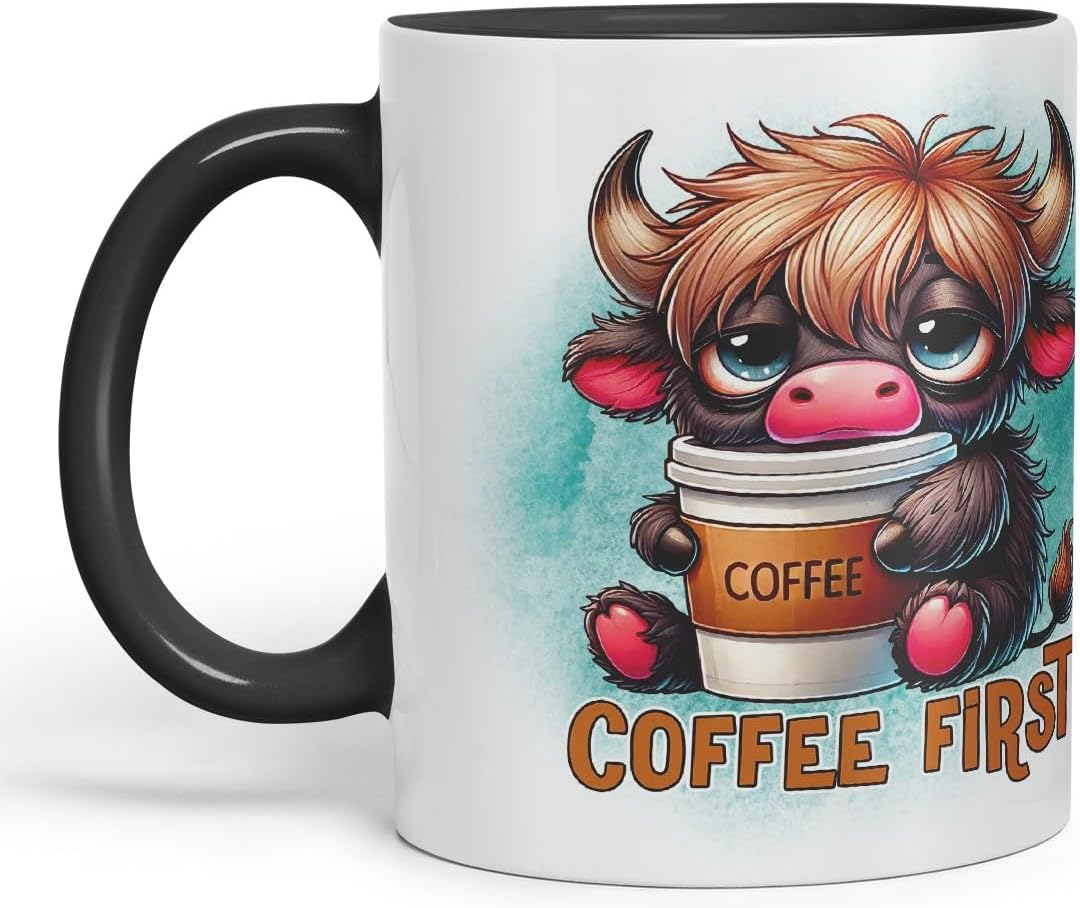 Vixar Coffee First Highland Cow Coloured Ceramic Mug Cup Gift for Coffee Lovers 11oz (Black)