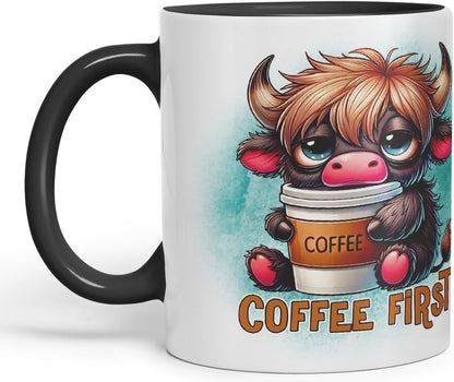 Vixar Coffee First Highland Cow Coloured Ceramic Mug Cup Gift for Coffee Lovers 11oz (Black)