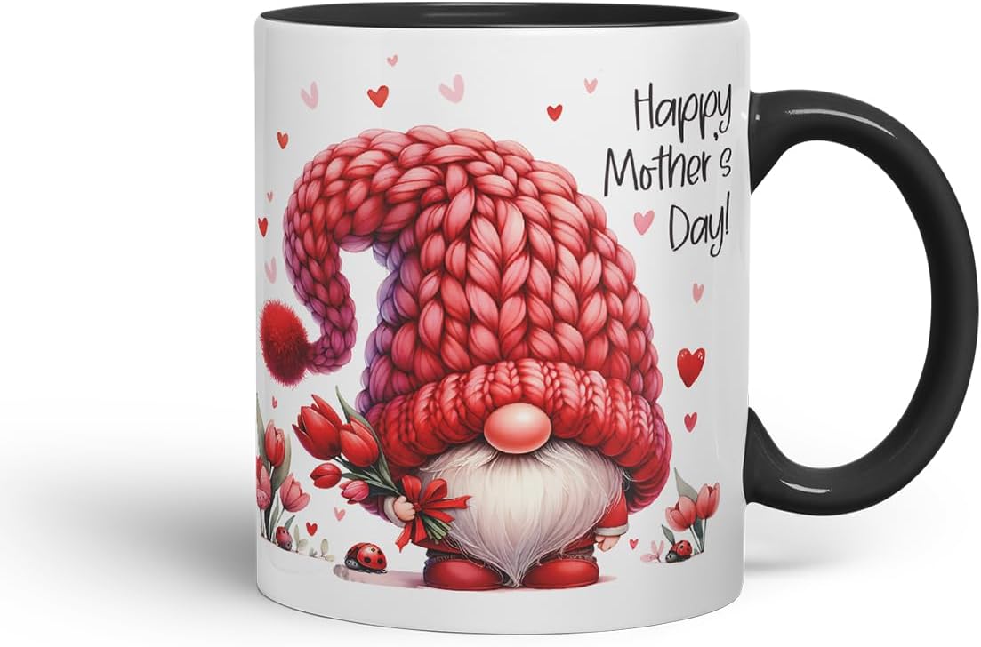 Vixar Happy Mother's Day Cute Red Gnome Mother Mum Mug – Coloured Ceramic Mug Cup Gift, 11oz (Black)