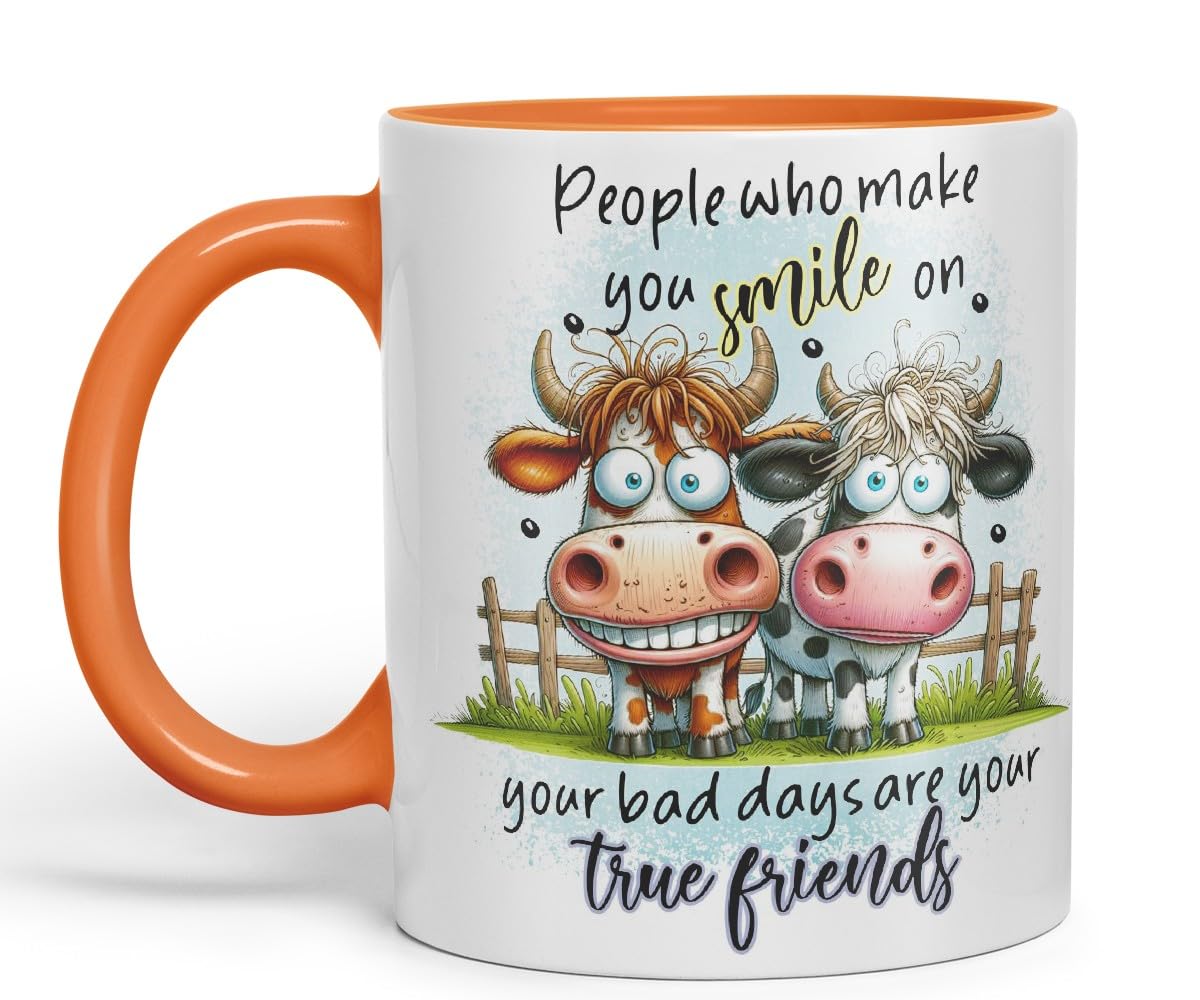Vixar People Who Make You Smile On Your Bad Days are Your True Friends Funny Highland Cow Coloured Mug Cup 11oz (Black)