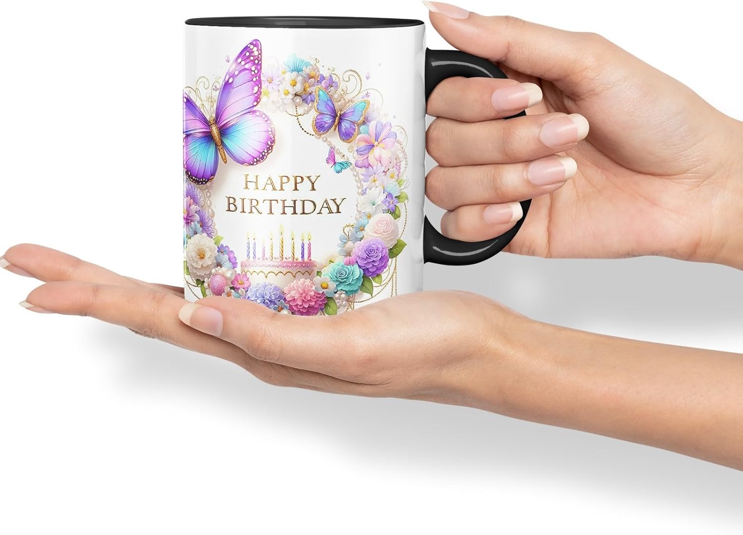 Vixar Happy Birthday Pastel Cake Florals Coloured Ceramic Mug Cup Gift 11oz V6 (Black)