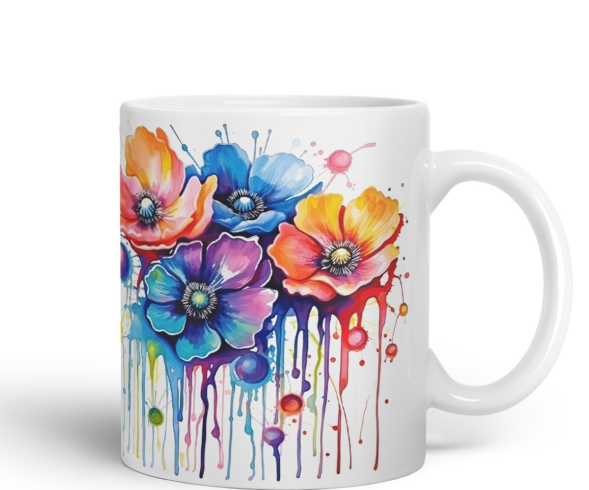 Vixar Anemone Watercolour Floral Mug Coloured Ceramic Mug Cup Gift, 11oz (Navy)
