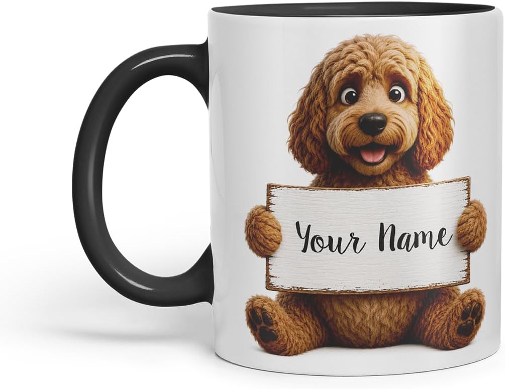 Vixar Personalised Cockapoo Dog Mug with Name or Custom Message – Cute Animal Coloured Ceramic Mug Cup Gift, 11oz (Black)