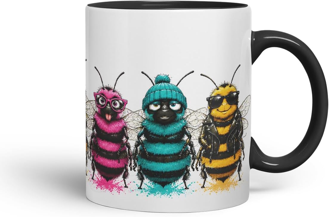 Vixar Funny Bees Mug – Cute Bee Animal Coloured Ceramic Mug Cup Gift, 11oz (Black)