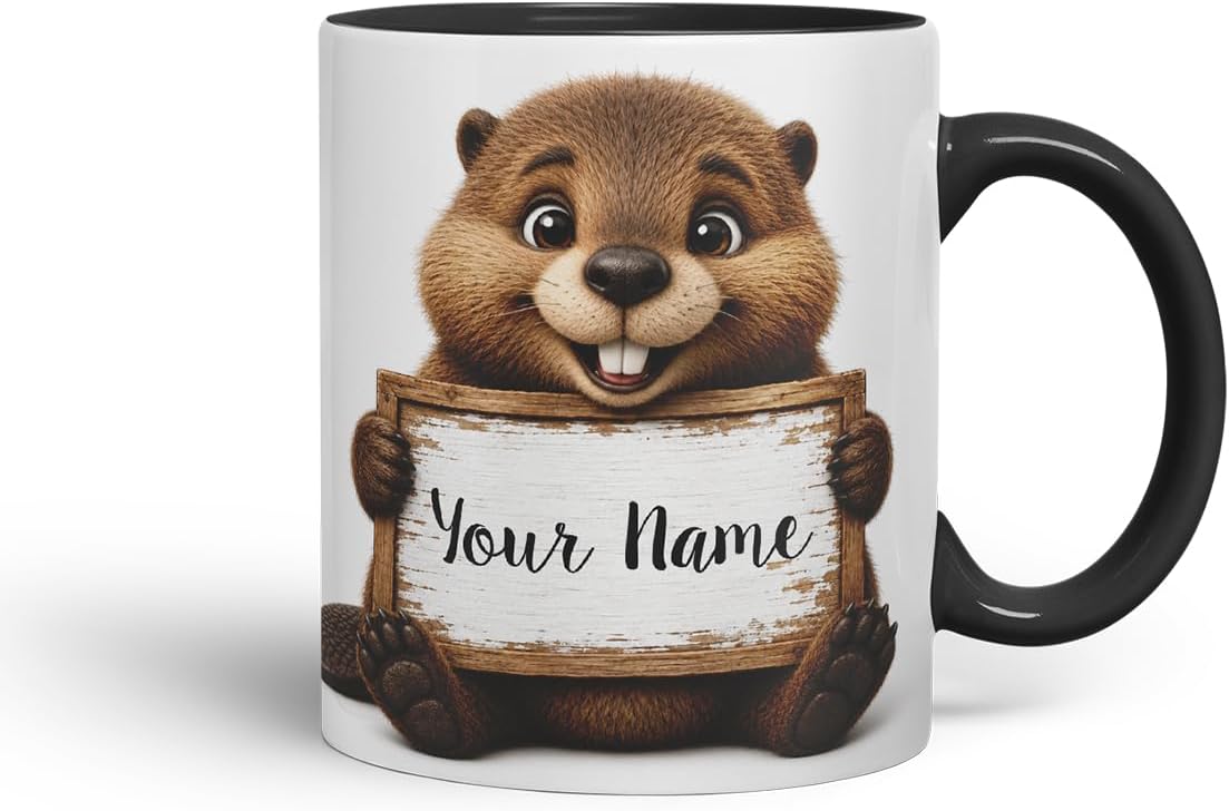 Vixar Personalised Beaver Mug with Name or Custom Message – Cute Animal Coloured Ceramic Mug Cup Gift, 11oz (Black)