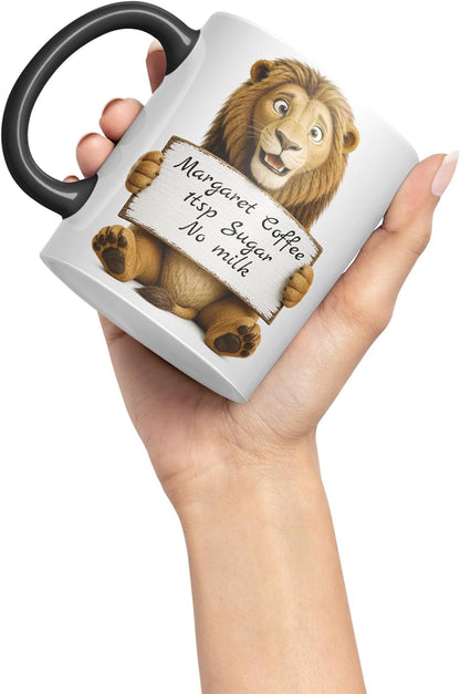 Vixar Personalised Lion Mug with Name or Custom Message – Cute Animal Coloured Ceramic Mug Cup Gift, 11oz (Black)