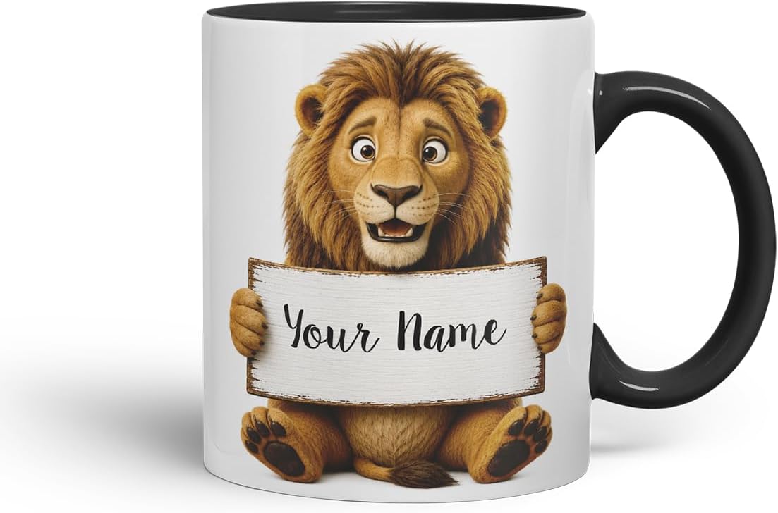 Vixar Personalised Lion Mug with Name or Custom Message – Cute Animal Coloured Ceramic Mug Cup Gift, 11oz (Black)