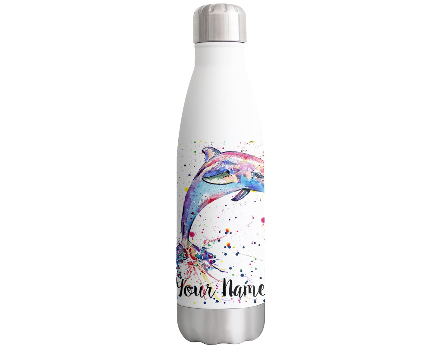 Vixar Dolphin Personalised Custom Bottle with your Text/name SeaAnimals Watercolour Art animals Bottle double Wall insulated Stainless steel sport Drinks 500ml