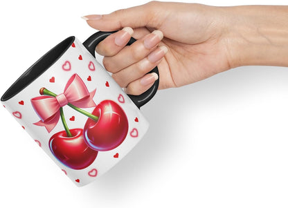 Vixar Cute Cherry Hearts Bow Mug – Coloured Ceramic Mug Cup Gift, 11oz (Black)