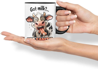 Vixar Got Milk Not Sanity Cow Coloured Ceramic Mug Cup Gift, 11oz (Black)