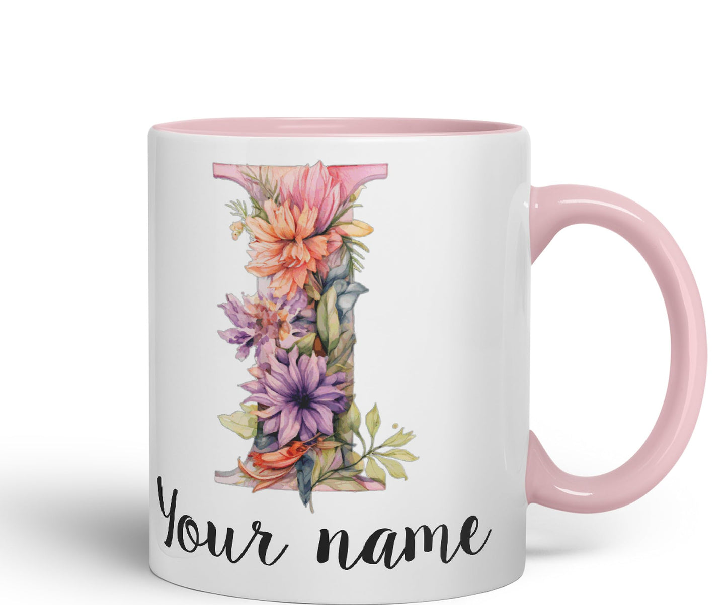 Personalised Letter I mug, Customized Custom Floral flowers butterfly Alphabet Letter I Monogram watercolour Ceramic Coloured Mug Cup for Tea Coffee Hot brew 330ml 11Oz Gift