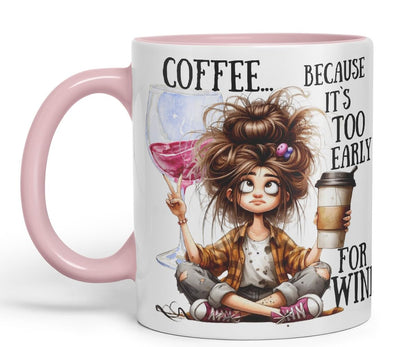 Vixar Coffee Because It’s Too Early for Wine Mug – Coloured Ceramic Mug Cup Gift, 11oz (Black)