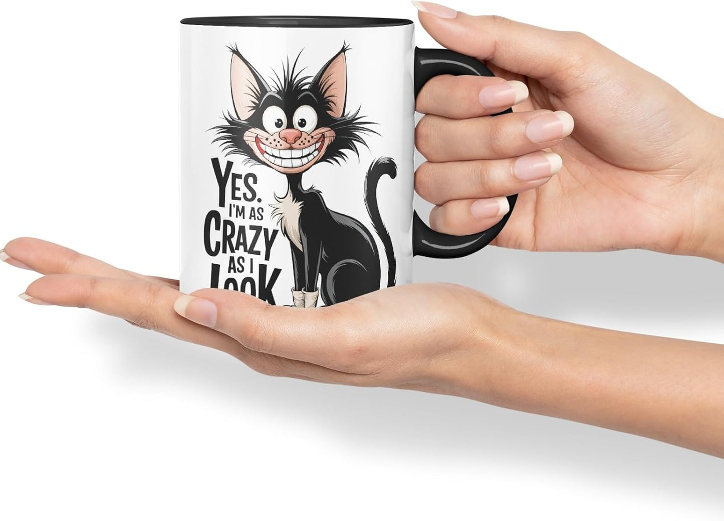 Vixar Yes I’m as Crazy as I Look (Cat) – Coloured Ceramic Mug Cup Gift, 11oz (Black)