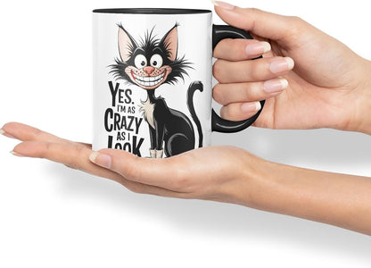 Vixar Yes I’m as Crazy as I Look (Cat) – Coloured Ceramic Mug Cup Gift, 11oz (Black)