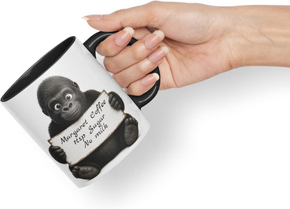 Vixar Personalised Gorilla Mug with Name or Custom Message – Cute Animal Coloured Ceramic Mug Cup Gift, 11oz (Black)