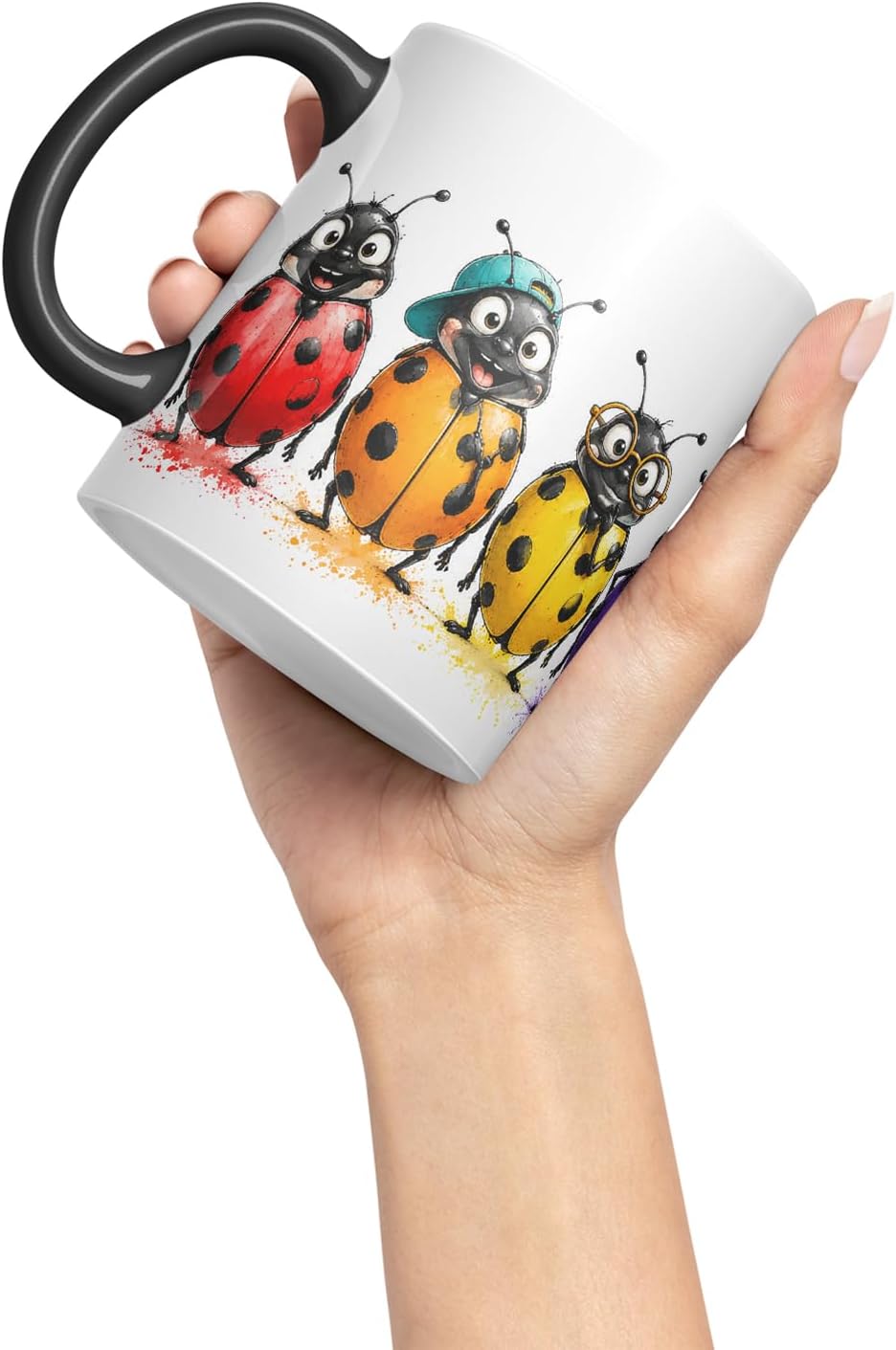 Vixar Ladybird Mug – Cute Ladybug Animal Coloured Ceramic Mug Cup Gift, 11oz (Black)