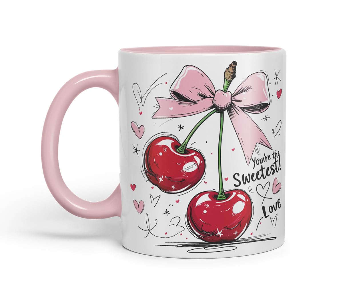 Sweetest Cherry Love Mug – Coloured Ceramic Mug Cup Gift, 11oz (Black)