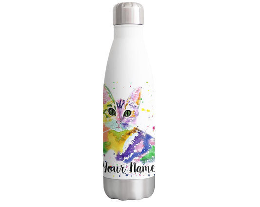 Vixar Kitten Femine Personalised Custom Bottle with your Text/name Watercolour cat Animals Bottle Double Wall Insulated Stainless Steel Sport Drinks 500ml