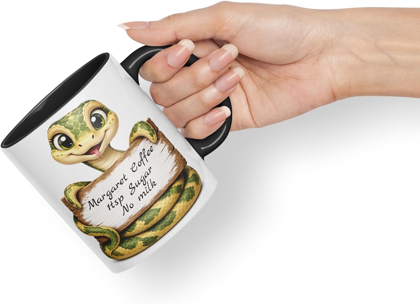 Vixar Personalised Snake Mug with Name or Custom Message – Cute Animal Coloured Ceramic Mug Cup Gift, 11oz (Black)