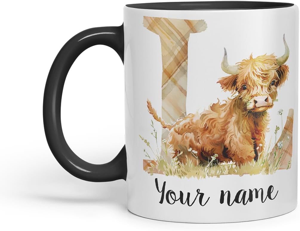 Vixar Personalised Highland Cow Initial Letter L Custom Name Mug – Coloured Ceramic Mug Cup Gift, 11oz (Black)