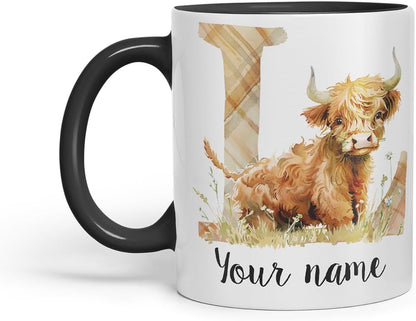 Vixar Personalised Highland Cow Initial Letter L Custom Name Mug – Coloured Ceramic Mug Cup Gift, 11oz (Black)