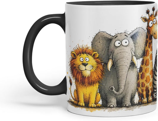 Vixar Funny Safari Animals Mug – Cute Safari Animals Coloured Ceramic Mug Cup Gift, 11oz (Black)