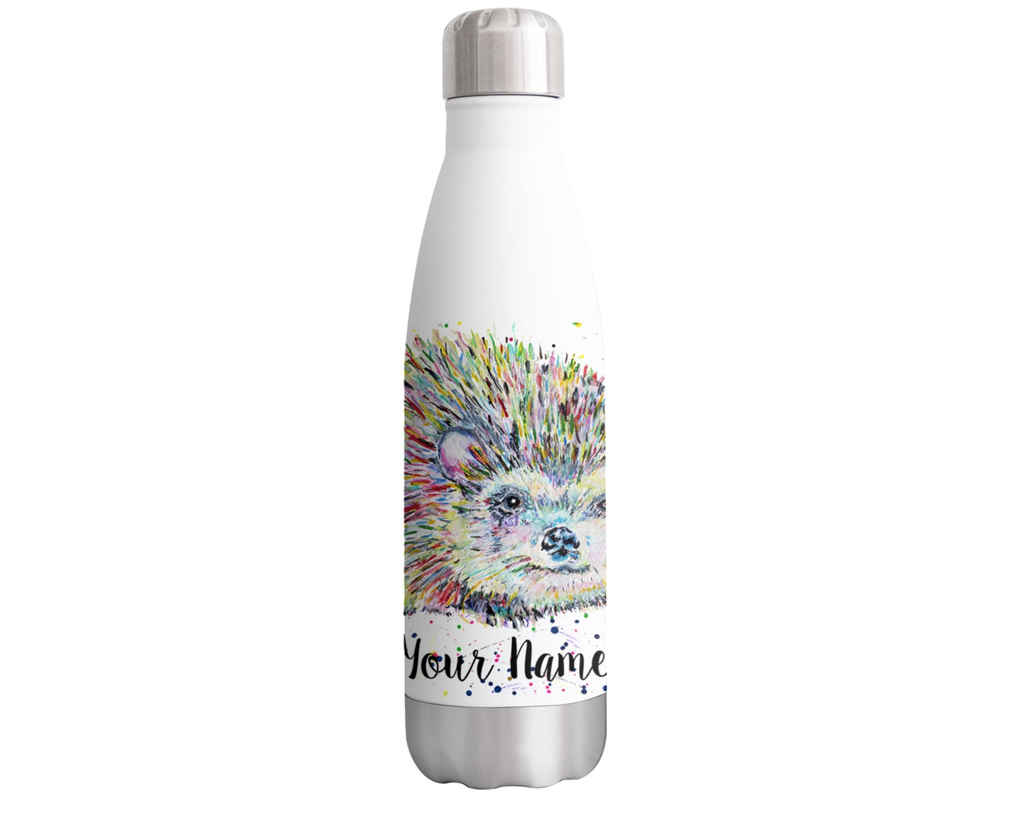 Vixar Hedgehog Personalised Custom Bottle with your Text/name Watercolour Art wildlife animal Bottle double Wall insulated Stainless steel sport Drinks 500ml Hv1