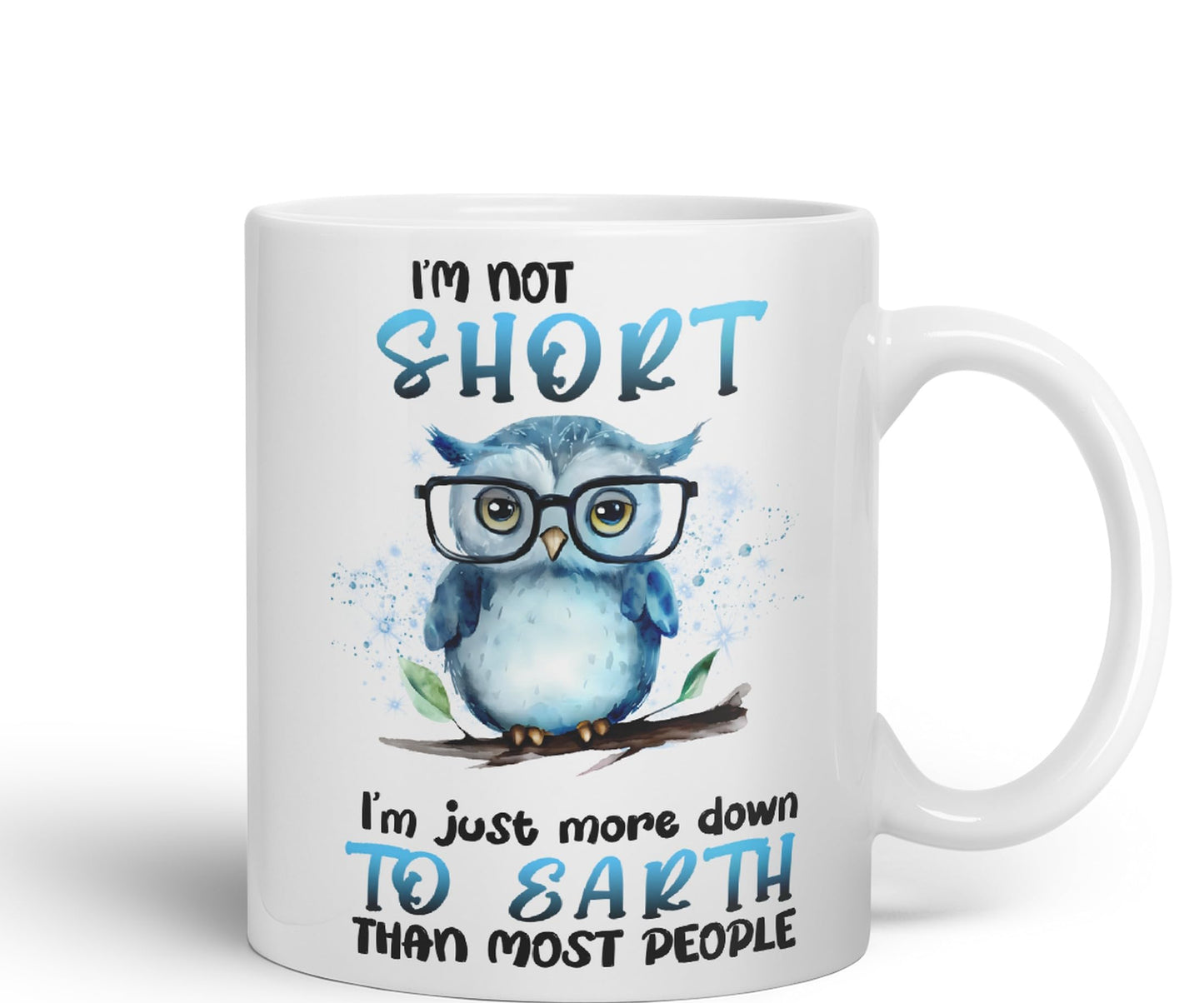 Vixar I'm Not Short, I'm just More Down to Earth Than Most People, owl Sarcastic Joke Ceramic Coloured Mug Cup for Tea Coffee Hot Brew 330ml 11Oz