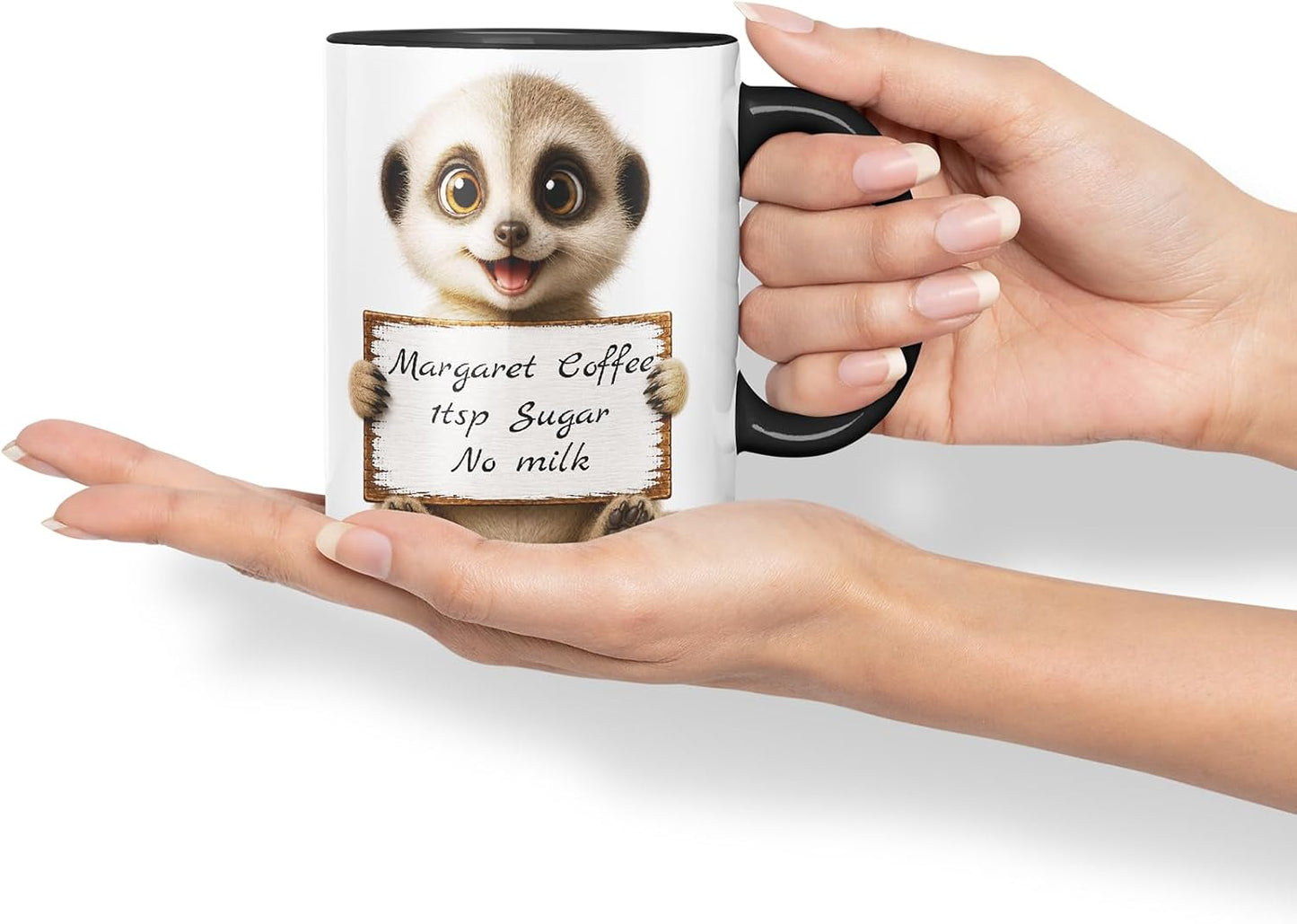 Vixar Personalised Meerkat Mug with Name or Custom Message – Cute Animal Coloured Ceramic Mug Cup Gift, 11oz (Black)