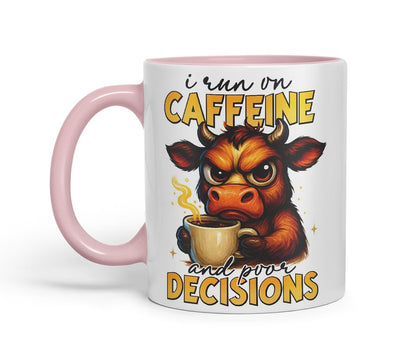 Vixar I Run On Caffeine and Poor Decisions Funny Cow Mug – Coloured Ceramic Mug Cup Gift, 11oz (Black)