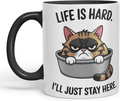 Vixar Life is Hard I’ll Just Stay Here Cat Mug – Coloured Ceramic Mug Cup Gift, 11oz (Black)