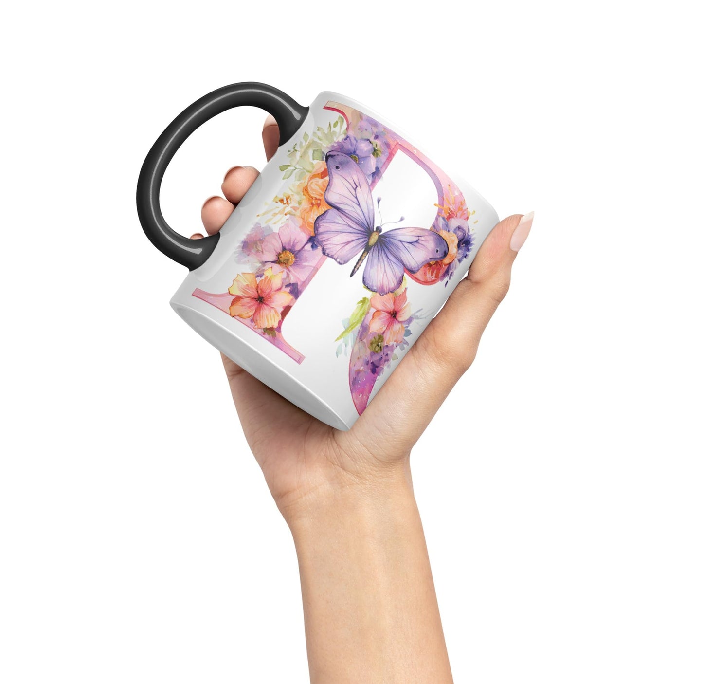 Letter R mug, Floral flowers butterfly Alphabet Letter R Monogram watercolour Ceramic Coloured Mug Cup for Tea Coffee Hot brew 330ml 11Oz Gift