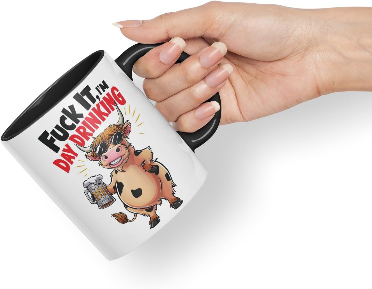 Vixar It I’m Day Drinking (Cow) – Coloured Ceramic Mug Cup Gift, 11oz (Black)