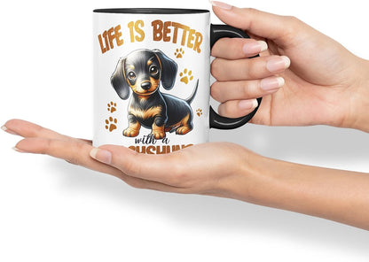 Vixar Life is Better with A Dachshund Dog Mug – Coloured Ceramic Mug Cup Gift, 11oz (Black)