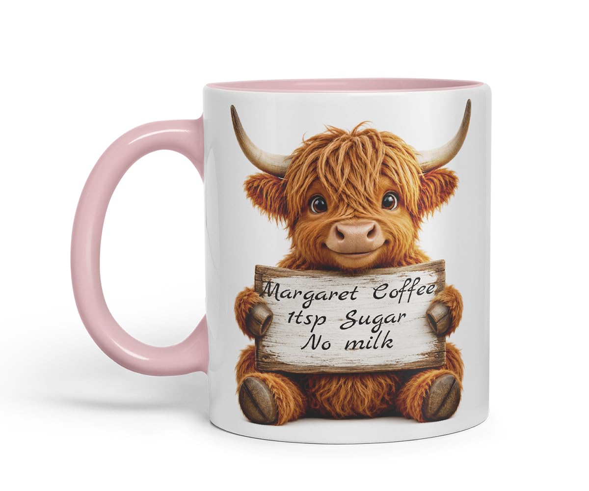 Vixar Personalised Highland Cow Mug with Name or Custom Message – Cute Animal Coloured Ceramic Mug Cup Gift, 11oz (Black)