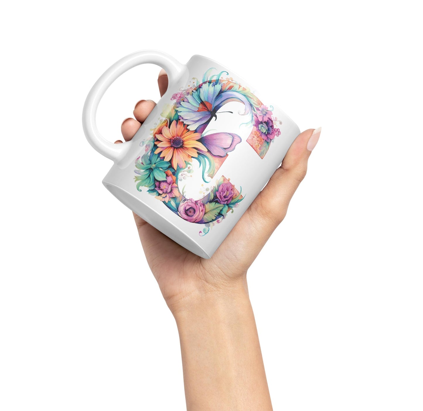 Letter C mug, Floral flowers butterfly Alphabet Letter C Monogram watercolour Ceramic Coloured Mug Cup for Tea Coffee Hot brew 330ml 11Oz Gift