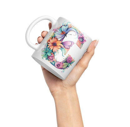 Letter C mug, Floral flowers butterfly Alphabet Letter C Monogram watercolour Ceramic Coloured Mug Cup for Tea Coffee Hot brew 330ml 11Oz Gift