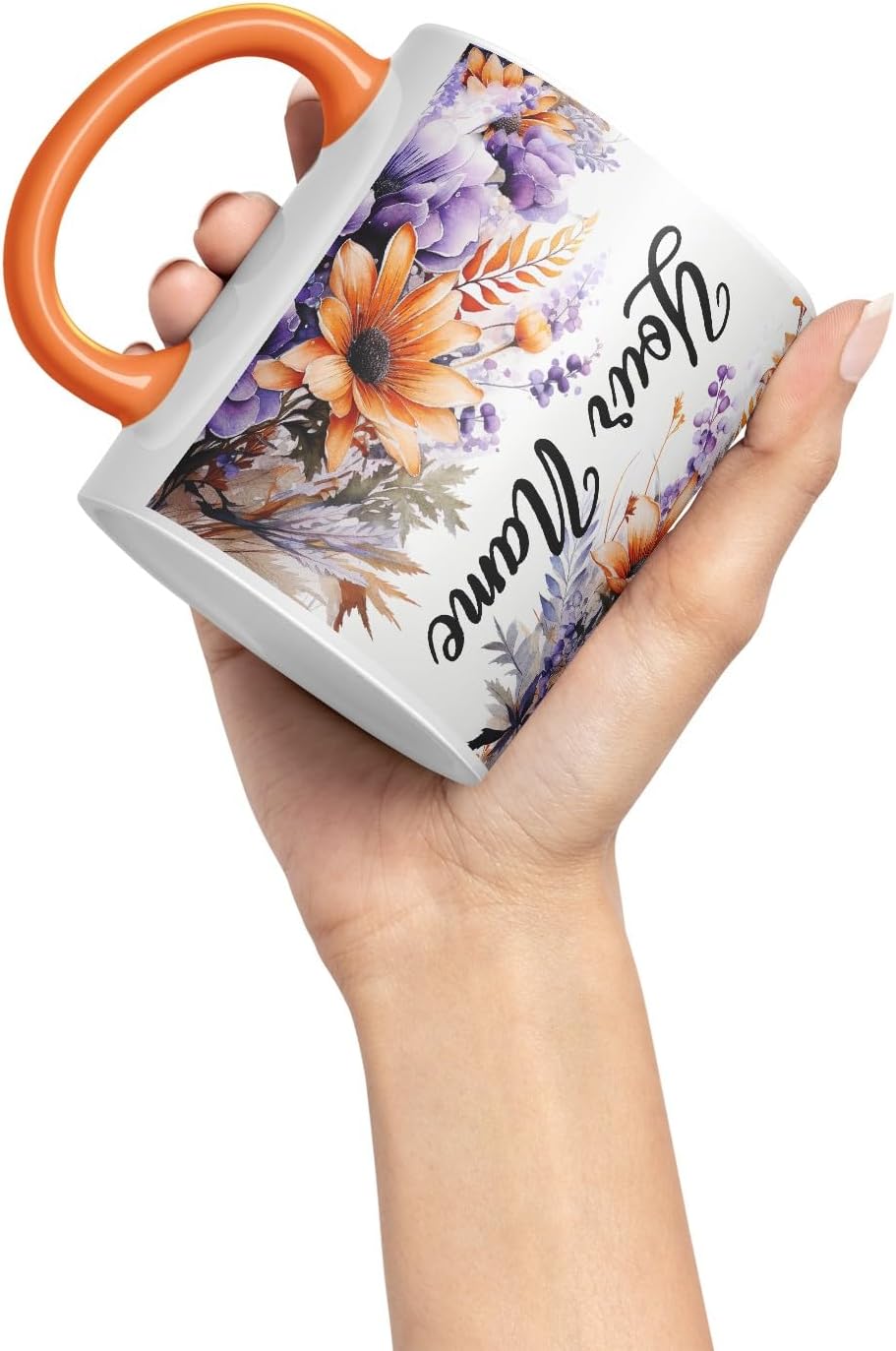 Vixar Personalised Orange Daisy Mug – Custom Your Name Coloured Ceramic Mug Cup Gift, 11oz (Orange)