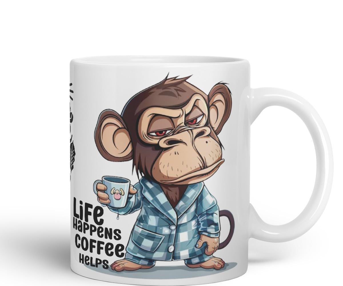 Vixar Life Happens Coffee Helps Monkey Mug – Coloured Ceramic Mug Cup Gift, 11oz (Black)