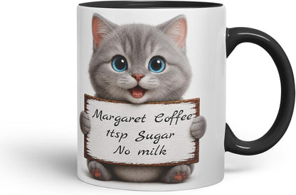 Vixar Personalised Grey Cat Mug with Name or Custom Message – Cute Animal Coloured Ceramic Mug Cup Gift, 11oz (Black)
