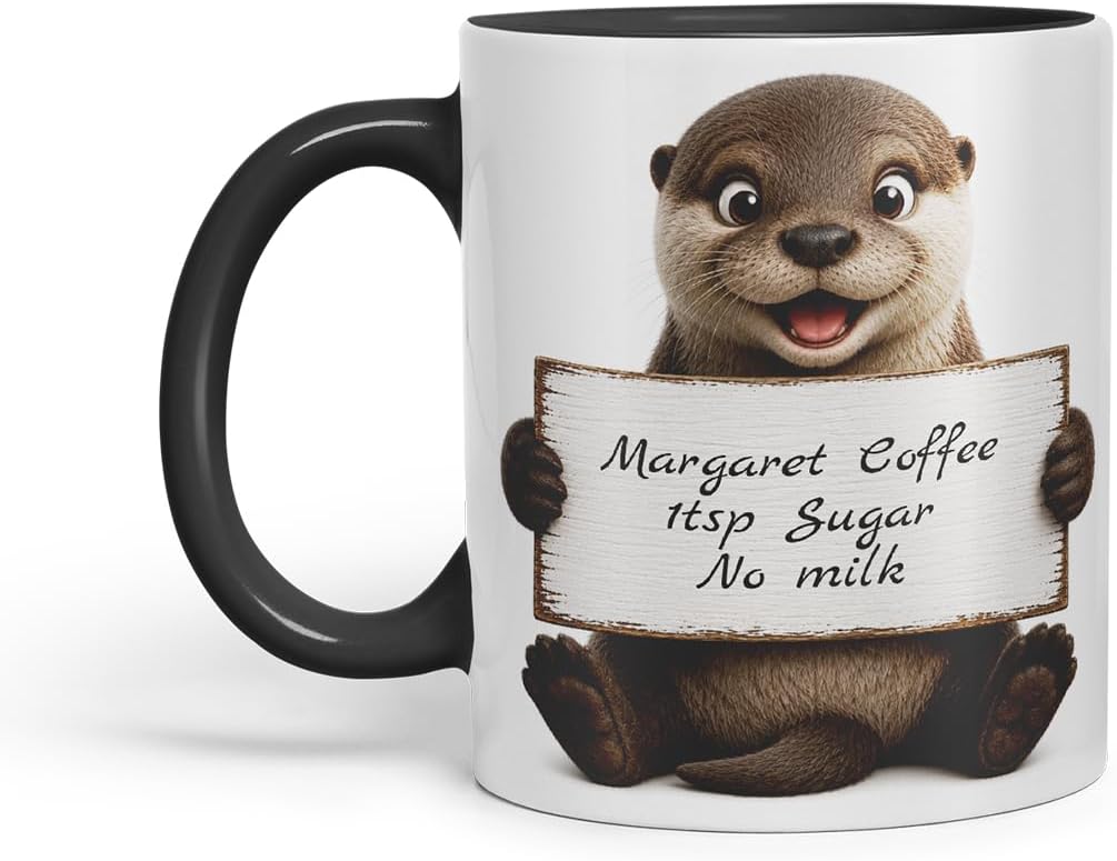 Vixar Personalised Otter Mug with Name or Custom Message – Cute Animal Coloured Ceramic Mug Cup Gift, 11oz (Black)
